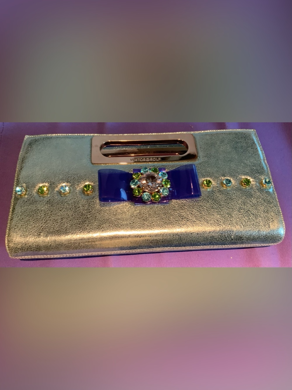 Victor & Rolf silver metallic leather clutch rhinestone crystal